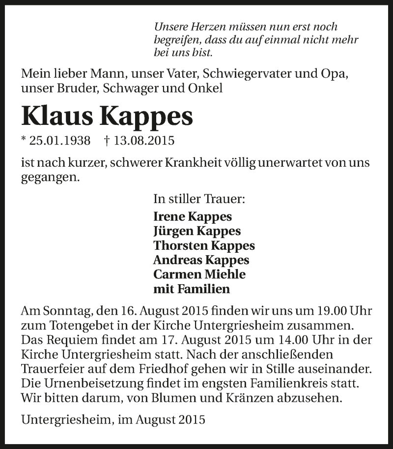  Traueranzeige für Klaus Kappes vom 15.08.2015 aus 