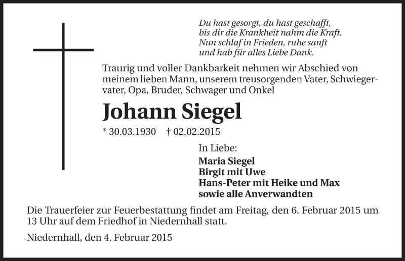  Traueranzeige für Johann Siegel vom 04.02.2015 aus 