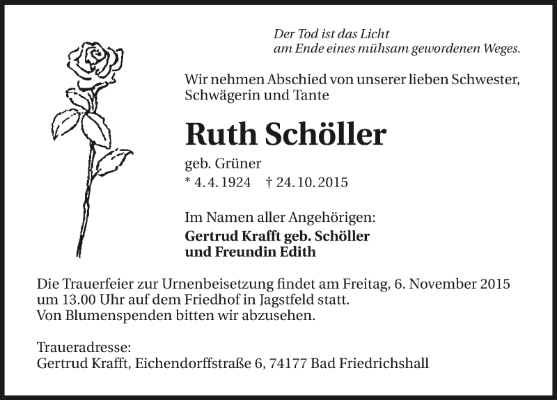  Traueranzeige für Ruth Schöller vom 02.11.2015 aus 