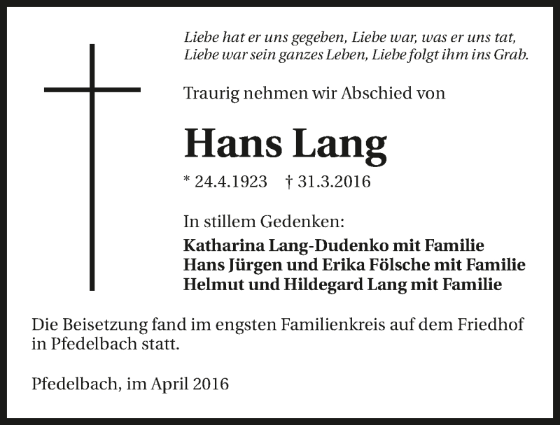  Traueranzeige für Hans Lang vom 09.04.2016 aus 