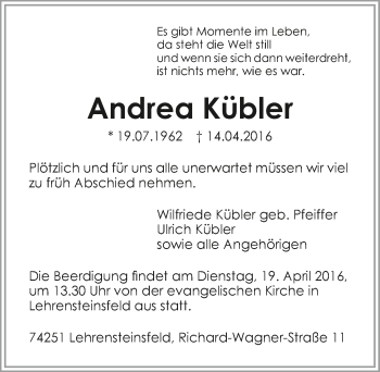 Traueranzeige von Andrea Kübler 