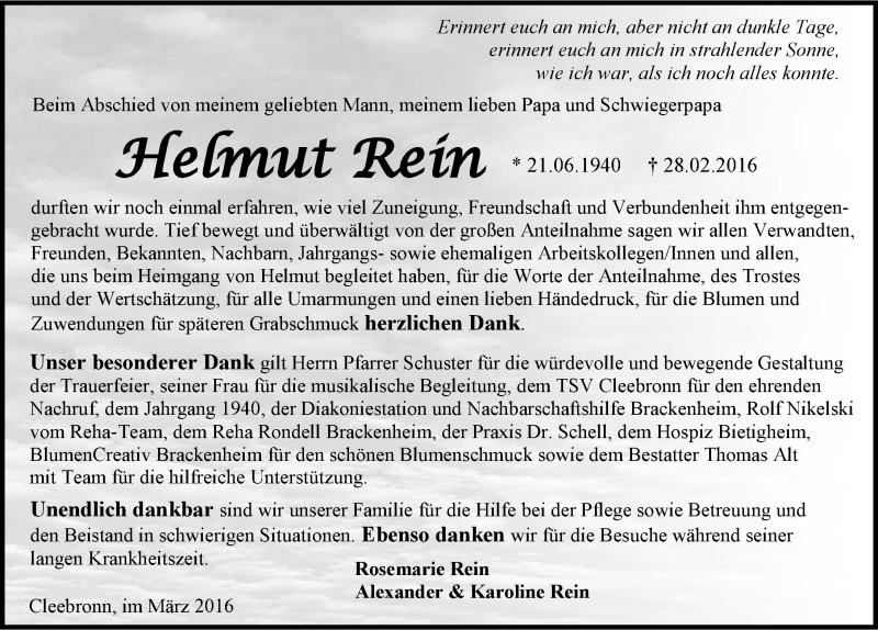  Traueranzeige für Helmut Rein vom 16.03.2016 aus 