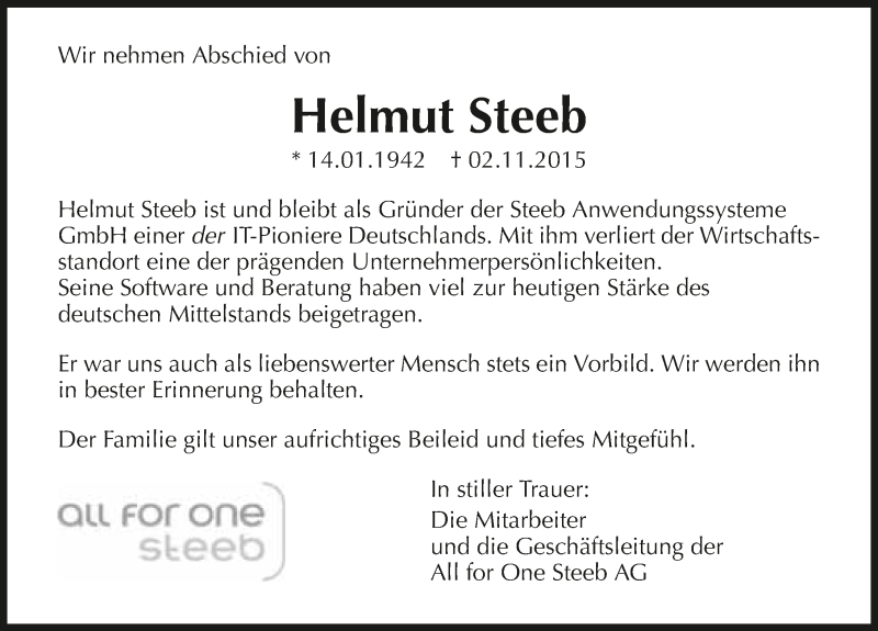  Traueranzeige für Helmut Steeb vom 05.11.2015 aus 