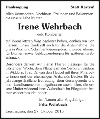 Traueranzeige von Irene Wehrbach 