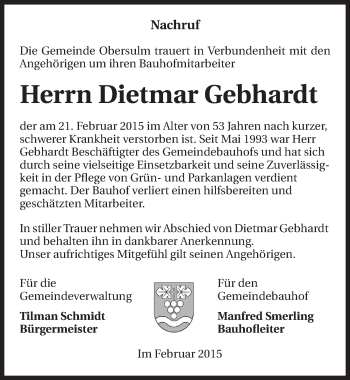 Traueranzeige von Dietmar Gebhardt 
