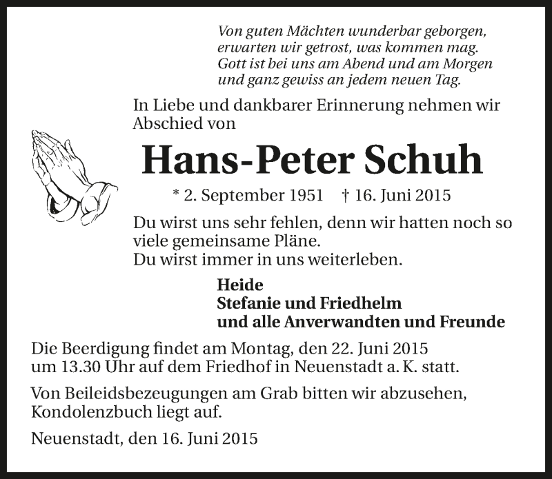  Traueranzeige für Hans-Peter Schuh vom 19.06.2015 aus 