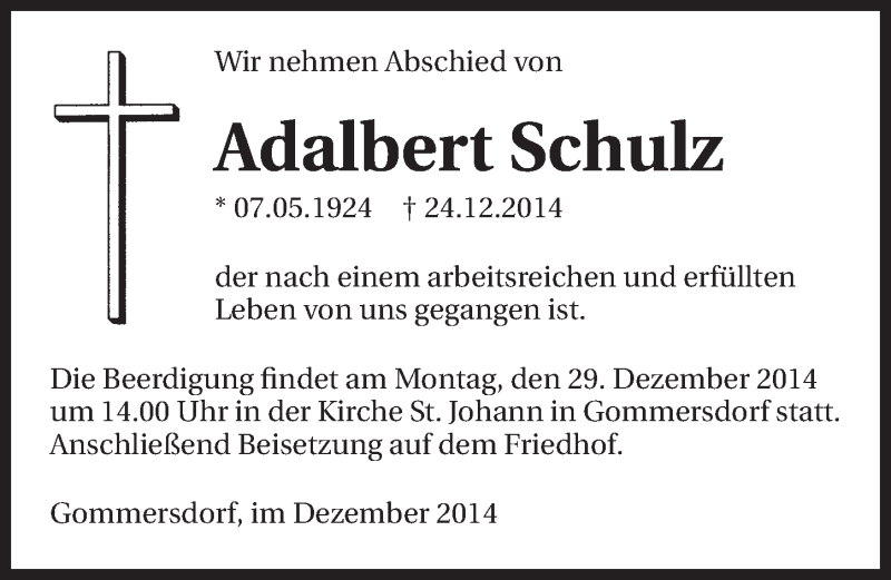  Traueranzeige für Adalbert Schulz vom 27.12.2014 aus 