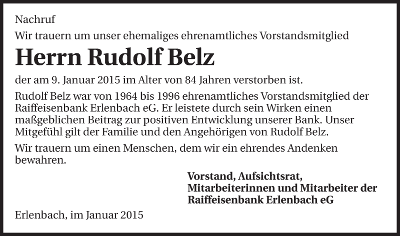  Traueranzeige für Rudolf Belz vom 15.01.2015 aus 
