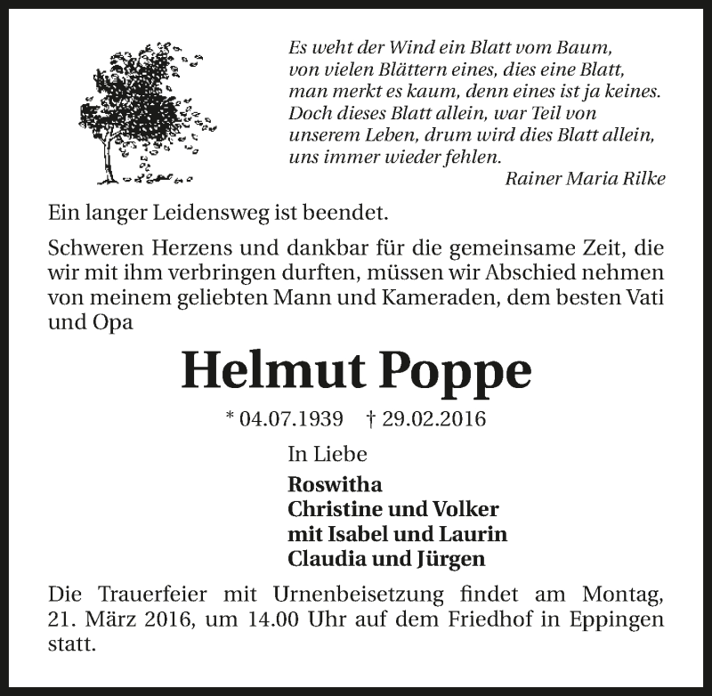  Traueranzeige für Helmut Poppe vom 11.03.2016 aus 