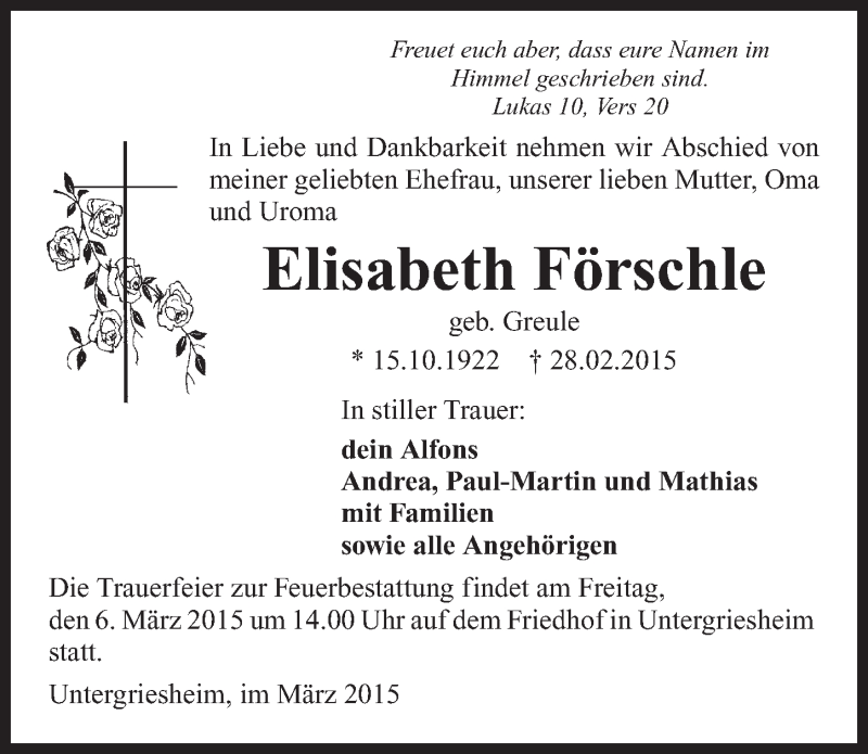  Traueranzeige für Elisabeth Förschle vom 04.03.2015 aus 