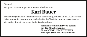 Traueranzeige von Karl Bauer 
