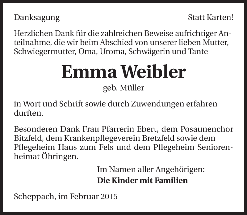  Traueranzeige für Emma Weibler vom 21.02.2015 aus 