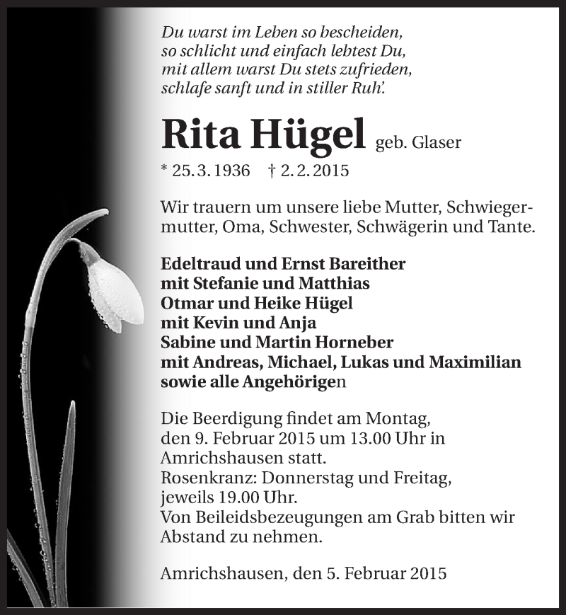  Traueranzeige für Rita Hügel vom 05.02.2015 aus 