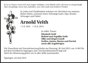 Traueranzeige von Arnold Veith 