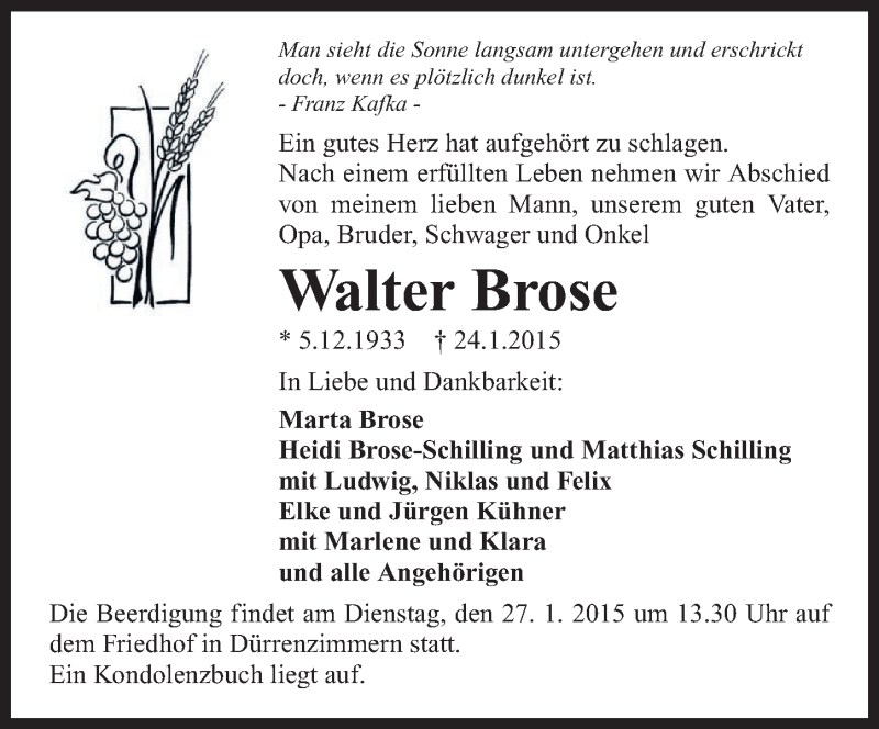 Traueranzeige für Walter Brose vom 26.01.2015 aus 