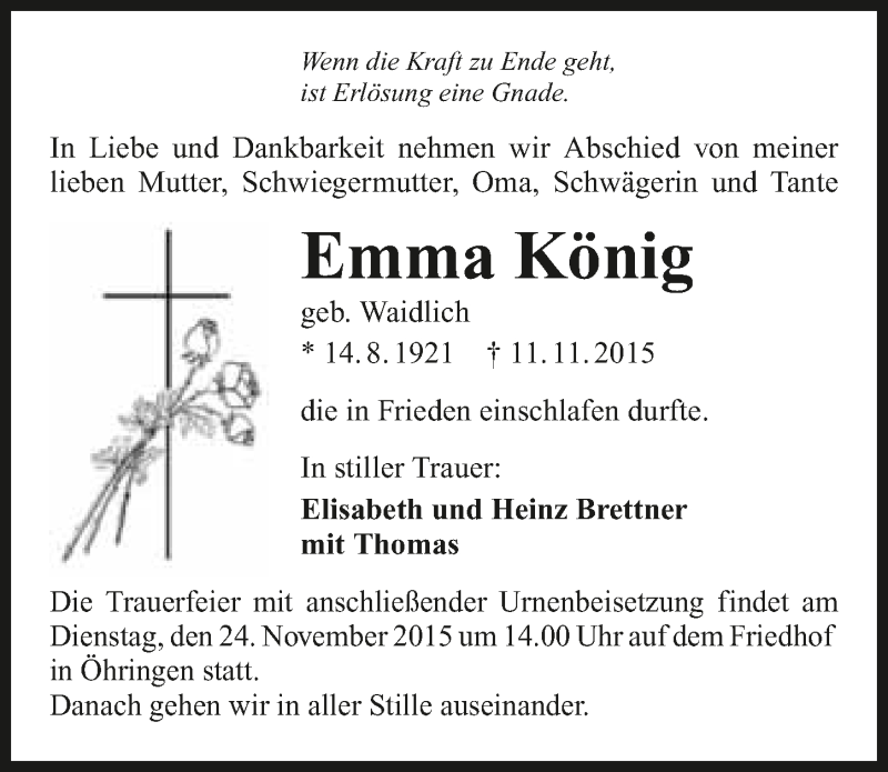  Traueranzeige für Emma König vom 21.11.2015 aus 
