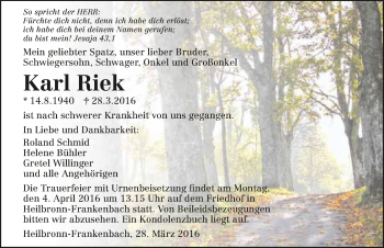 Traueranzeige von Karl Riek 