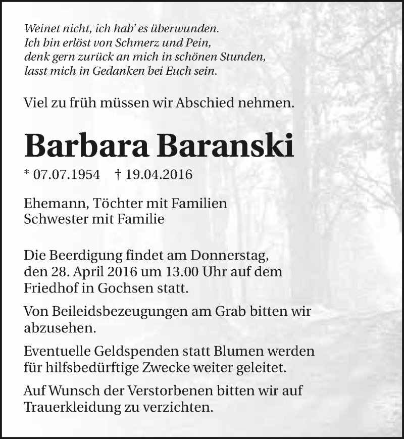  Traueranzeige für Barbara Baranski vom 23.04.2016 aus 