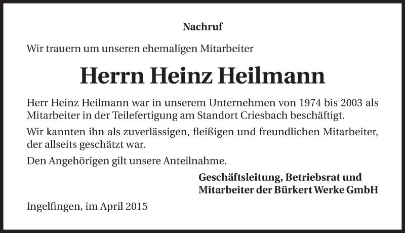  Traueranzeige für Heinz Heilmann vom 16.04.2015 aus 