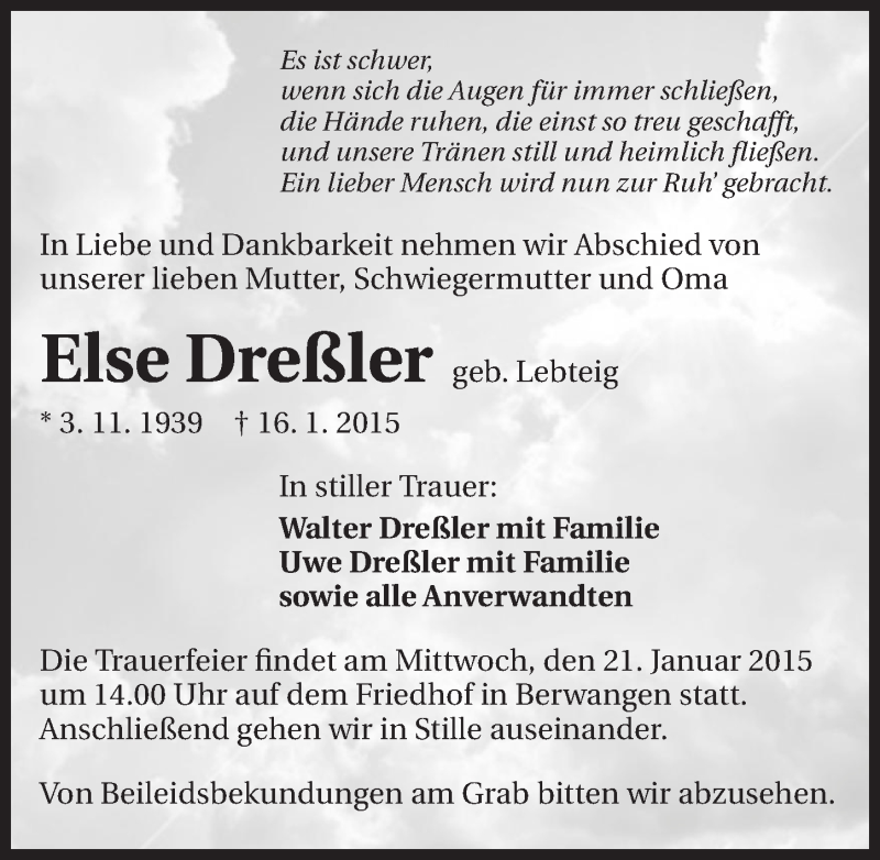  Traueranzeige für Else Dreßler vom 20.01.2015 aus 