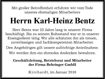 Traueranzeige von Karl-Heinz Bentz 