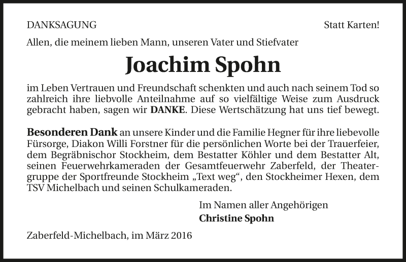  Traueranzeige für Joachim Spohn vom 08.03.2016 aus 
