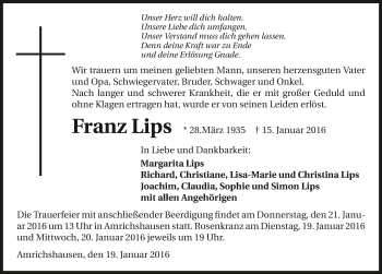 Traueranzeige von Franz Lips 