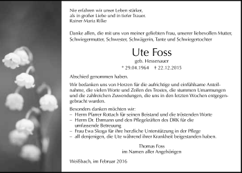 Traueranzeige von Ute Foss 