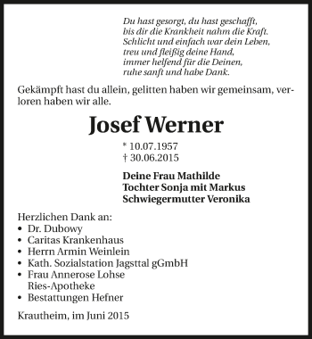 Traueranzeige von Josef Werner 