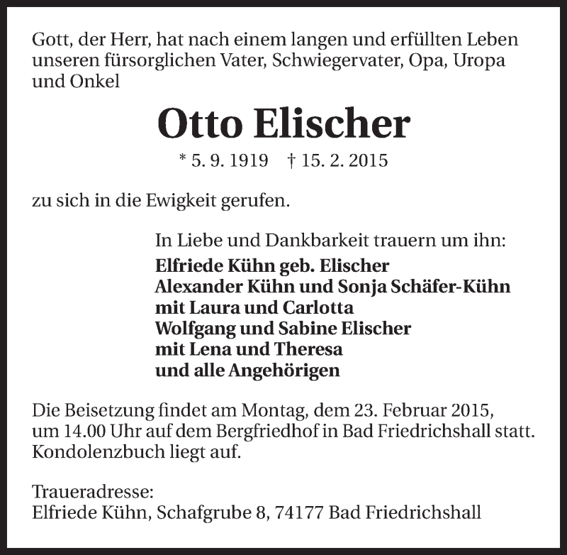  Traueranzeige für Otto Elischer vom 19.02.2015 aus 