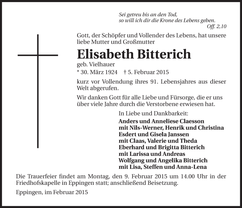 Traueranzeige für Elisabeth Bitterich vom 07.02.2015 aus 