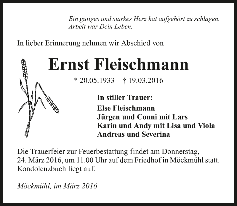  Traueranzeige für Ernst Fleischmann vom 22.03.2016 aus 