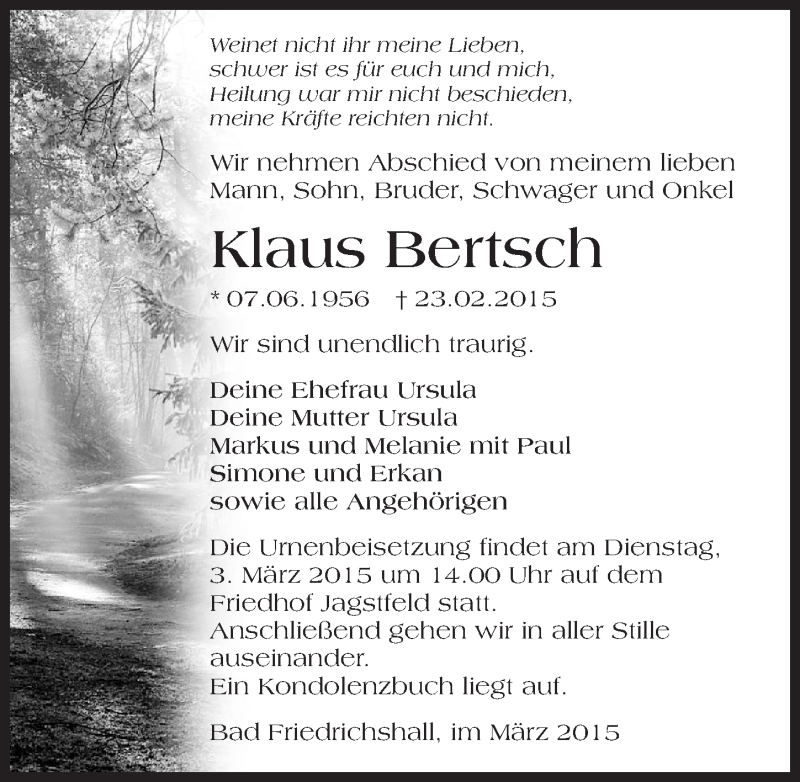  Traueranzeige für Klaus Bertsch vom 28.02.2015 aus 