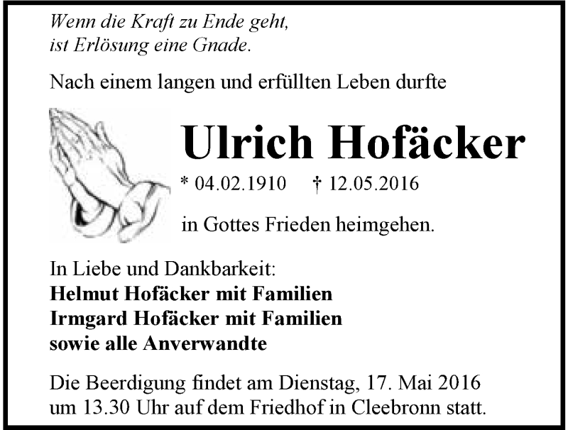  Traueranzeige für Ulrich Hofäcker vom 14.05.2016 aus 
