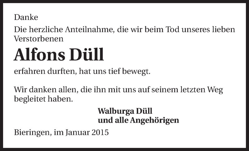  Traueranzeige für Alfons Düll vom 21.01.2015 aus 