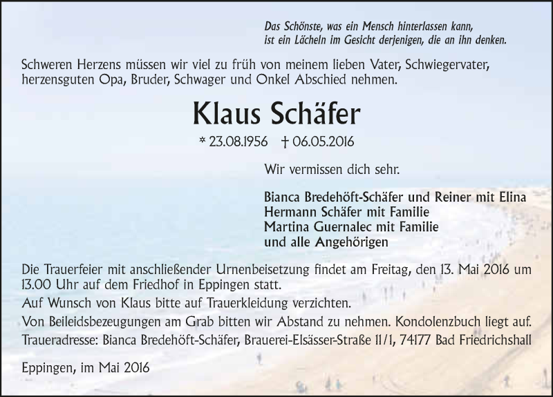  Traueranzeige für Klaus Schäfer vom 10.05.2016 aus 