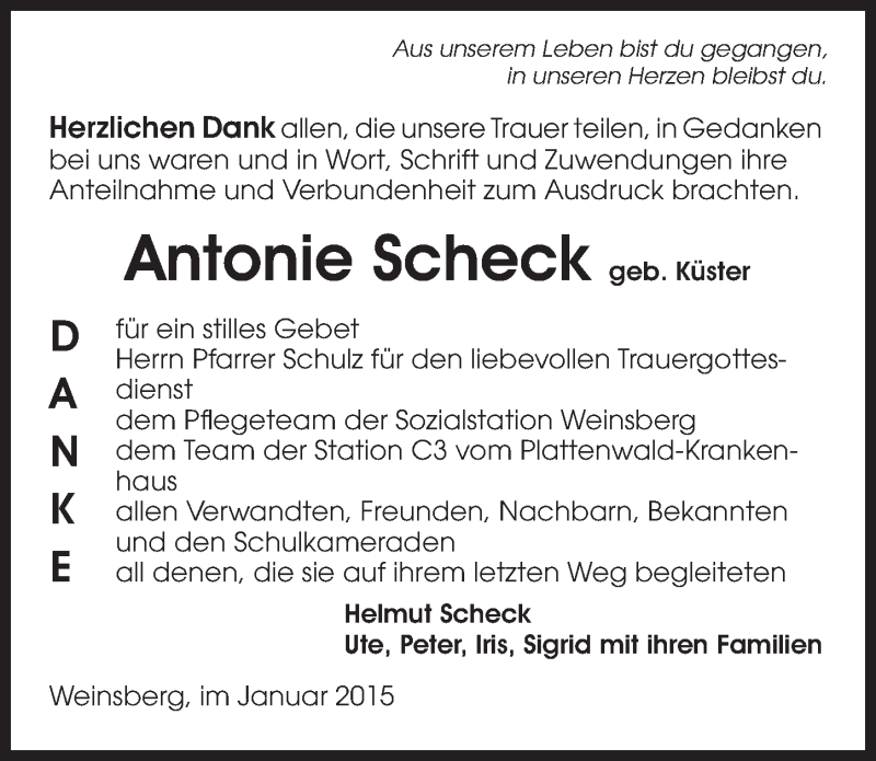  Traueranzeige für Antonie Scheck vom 17.01.2015 aus 