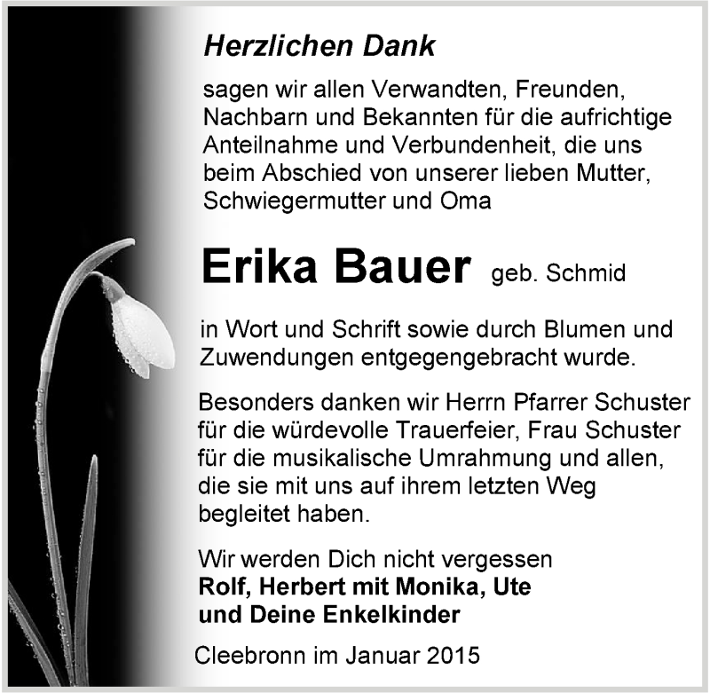  Traueranzeige für Erika Bauer vom 28.01.2015 aus 