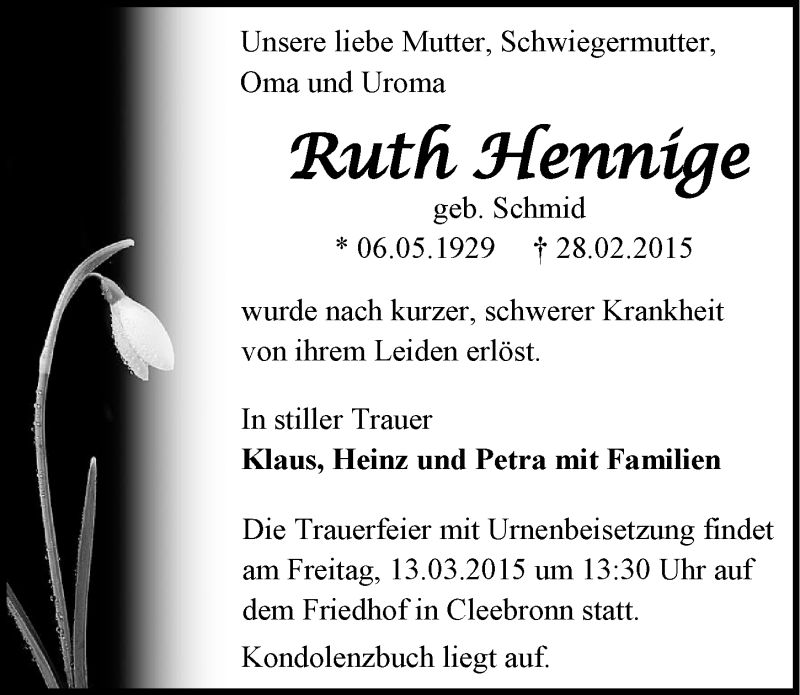  Traueranzeige für Ruth Hennige vom 06.03.2015 aus 