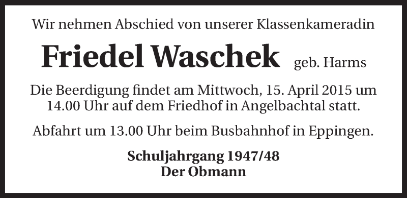  Traueranzeige für Friedel Waschek vom 14.04.2015 aus 