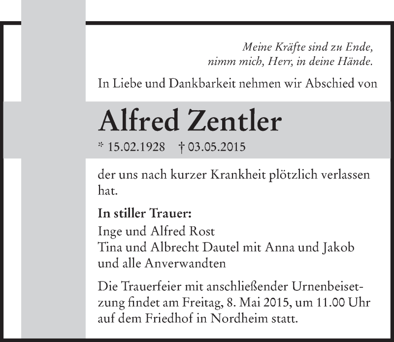  Traueranzeige für Alfred Zentler vom 06.05.2015 aus 