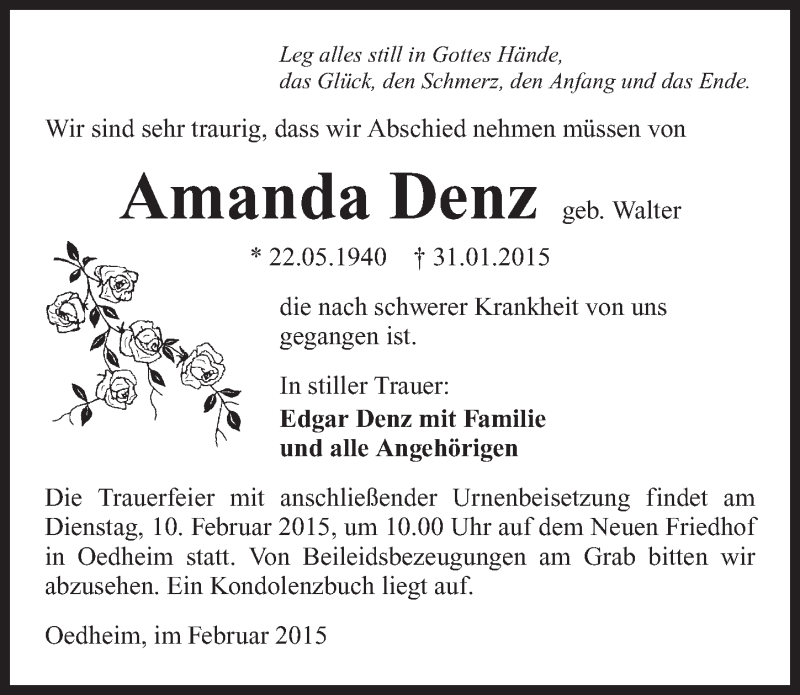  Traueranzeige für Amanda Denz vom 05.02.2015 aus 
