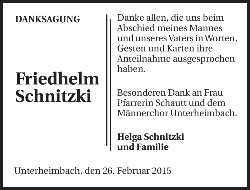  Traueranzeige für Friedhelm Schnitzki vom 26.02.2015 aus 