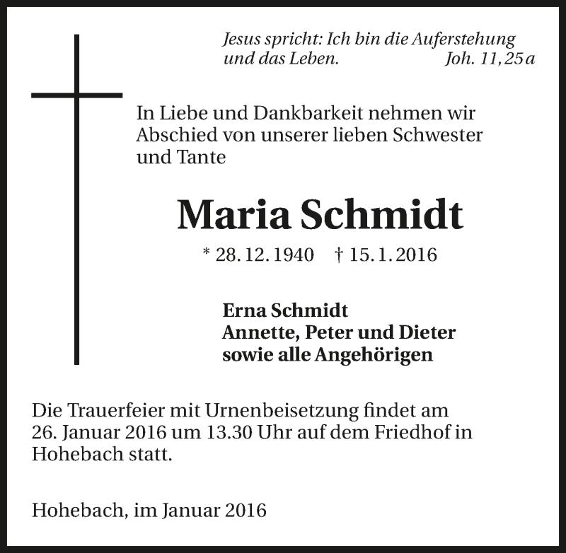  Traueranzeige für Maria Schmidt vom 23.01.2016 aus 