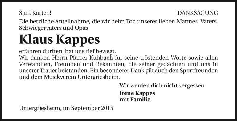  Traueranzeige für Klaus Kappes vom 12.09.2015 aus 