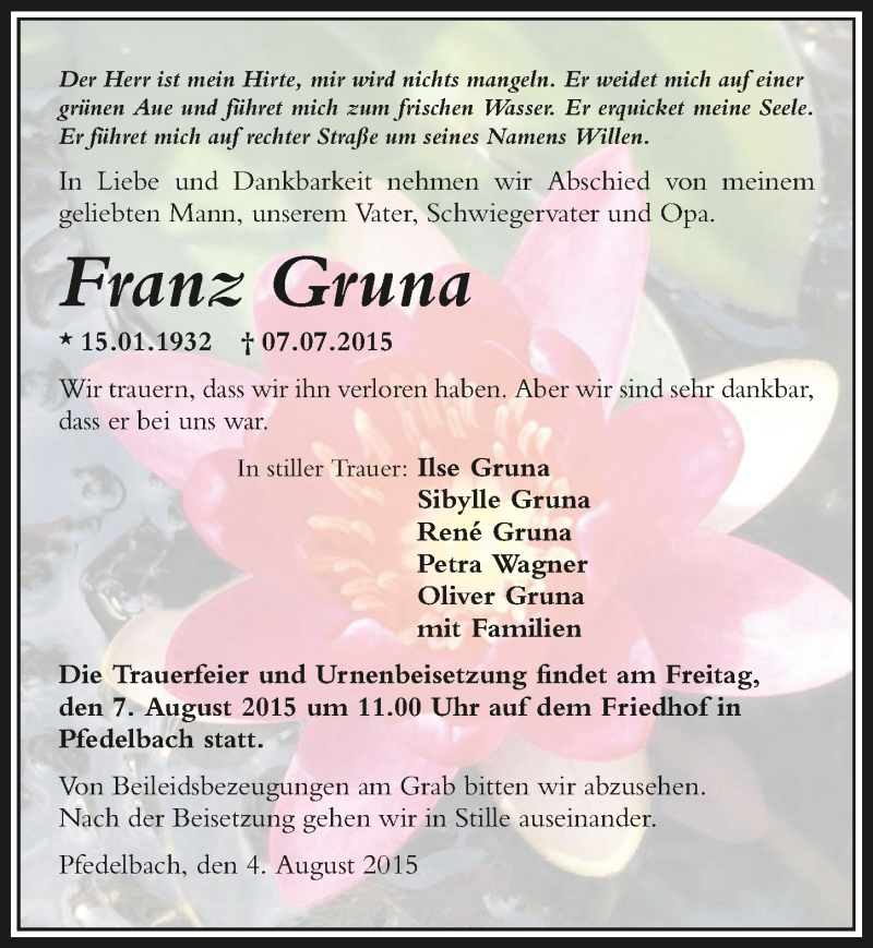 Traueranzeige für Franz Gruna vom 04.08.2015 aus 