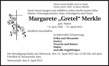 Traueranzeige von Margarete Merkle 