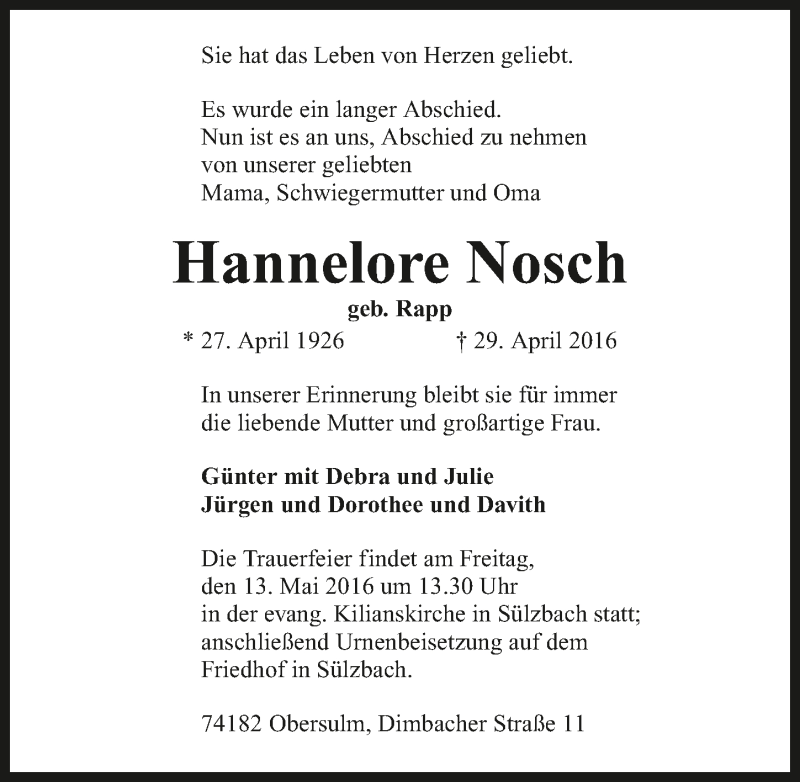  Traueranzeige für Hannelore Nosch vom 10.05.2016 aus 