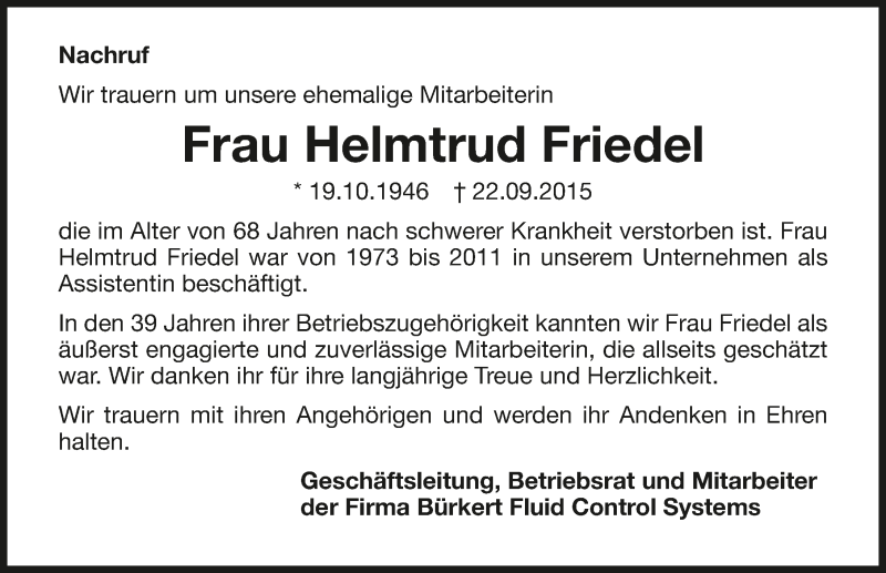  Traueranzeige für Helmtrud Friedel vom 29.09.2015 aus 