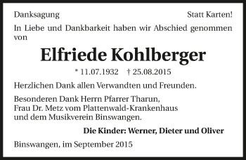 Traueranzeige von Elfriede Kohlberger 